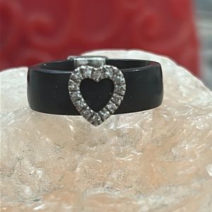 Sterling silver heart ring, black silicone band, diamond accents